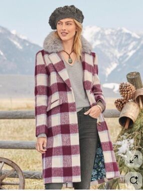 Sundance Plaid Palette Faux-Fur Collar Coat in Burgundy and Cream